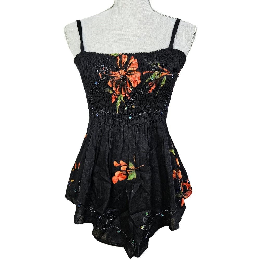 Boho Y2K Black Floral Smocked Sequin Camisole Top‎ S Fairycore Beachy Festival